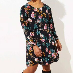 LOFT Floral Open Back Long Sleeve Flare Skater Dress Black/Pink XS